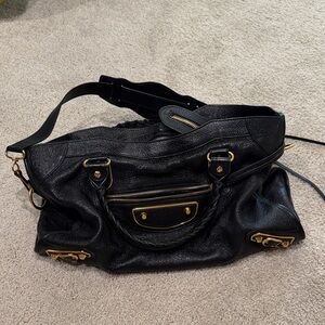 Balenciaga Black Leather Shoulder Bag with Gold Details